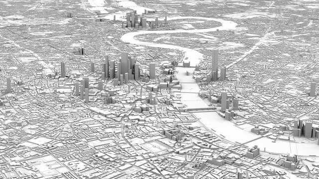 Night aerial view of London with illuminated street network in grayscale, black roads and white buildings, dark shadows between structures forming a high contrast city map from above.