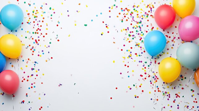 Horizontal border of colorful balloons in pink, blue, yellow, and orange with rainbow confetti on white background