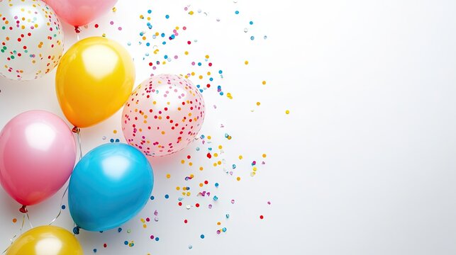 Soft pastel balloons in pink, yellow, blue, and white floating with delicate rainbow confetti shower on white background