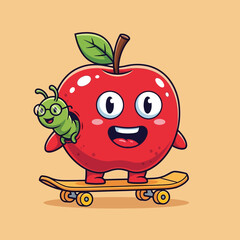 Cute Apple Character with Caterpillar Riding Skateboard, Cartoon Style