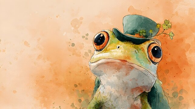 Watercolor frog in a Saint Patrick&rsquo;s Day hat on a warm peach festive background
