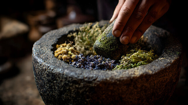 Hand grinding herbs in traditional stone mortar