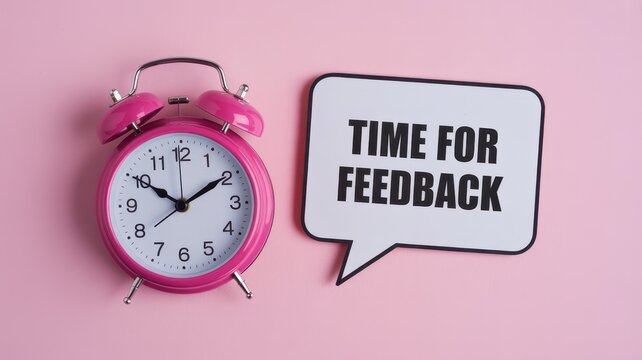 Vibrant photo of Time for feedback concept with pink alarm clock and speech bubble