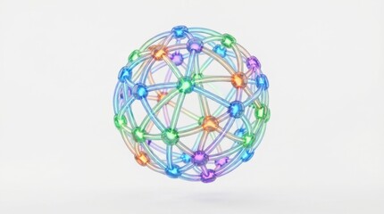 Colorful node network sphere, digital connection element, isolated on solid white background
