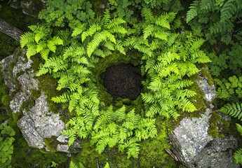 A circular arrangement of green ferns growing out of a moss-covered, rocky crevice, surrounding a dark, empty center