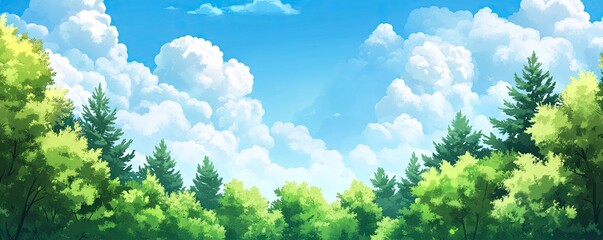 Fototapeta premium A peaceful, illustrative scene depicting a lush green forest under a bright blue sky filled with fluffy white clouds, rendered in a bright, scenic style