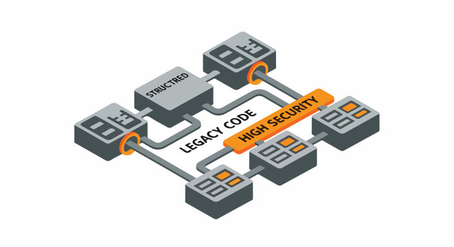Abstract illustration of legacy code systems connected to high security modules, representing data integration and cybersecurity challenges.