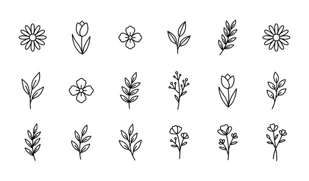Minimal line floral and botanical vector set with trendy tiny tattoo style flower sketches