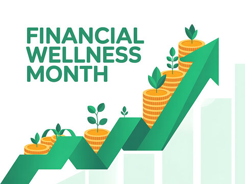 Financial wellness month concept with growing plants on coins and green arrow  financial growth and success
