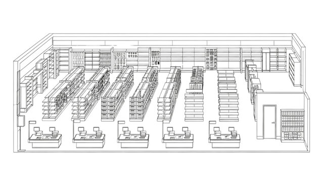 High Quality Black Line Art Retail Store Layout with Shelving Placement and Checkout Counters, Side View Architectural Technical Drawing