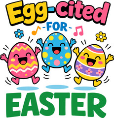 Naklejka premium Joyful cartoon Easter eggs with bunny ears dancing and jumping in excitement. Adorable kawaii-style characters in bright colors with sunglasses, music notes, flowers, hearts and big smiles.