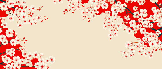 An ornate border of blooming cherry blossom branches framing a warm cream-colored background, all set against a vibrant red abstract pattern.