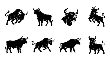 Obraz premium A collection of black bull silhouettes in various poses and movements
