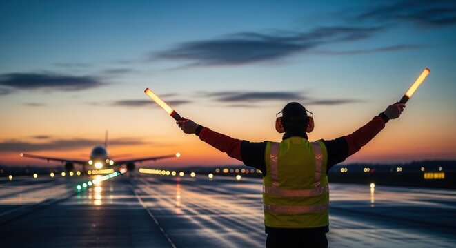 Professional aircraft marshaller signaling airplane on runway at sunset. Ground crew worker with glow sticks guiding plane landing at commercial airport. Aviation safety and logistics concept.