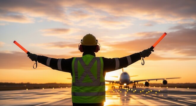 Airport ground crew signaling an airplane at sunset. Marshaller in safety helmet and reflective vest guiding a jet on the runway with glowing orange wands during golden hour.