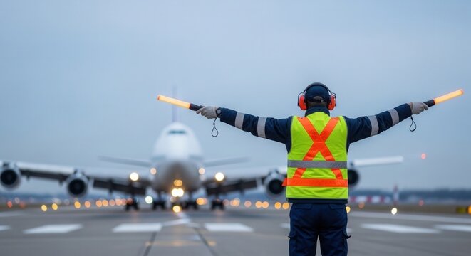 Back view of an airport marshaller guiding a large commercial airplane on the tarmac. Professional ground crew in reflective safety vest and headphones working at the airfield in dusk.