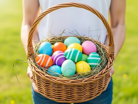 Vibrant easter basket filled with colorful eggs on a sunny day
