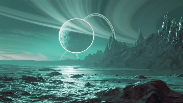 Abstract rendering of a futuristic celestial landscape with planets and rings