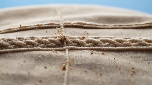 Beige woven fabric texture in small dust particles and allergens representing household pollution or dirty textile