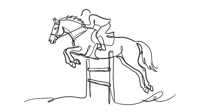Equestrian show jumping horse and rider jumping over obstacle continuous line art illustration