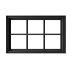 Dark gray six-pane window frame with decorative molding isolated on a transparent background