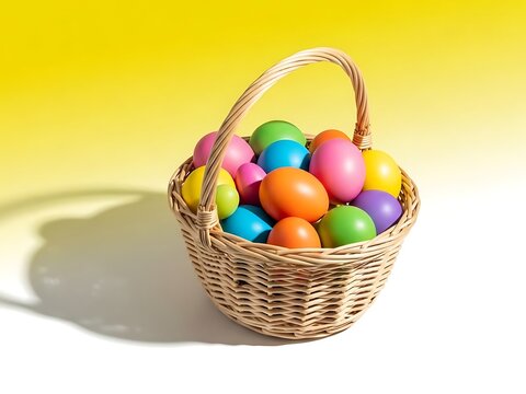 Vibrant easter basket filled with colorful eggs on yellow background