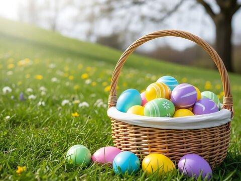 Easter basket filled with colorful eggs on a green grassy hill with flowers