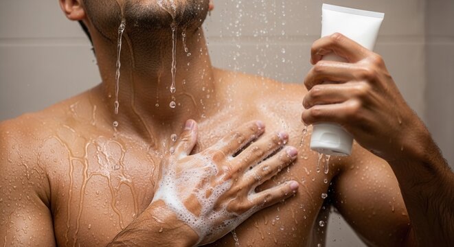 Man in shower applying foam to chest holding white cosmetic tube with water drops. Refreshing male hygiene, skincare marketing, and morning grooming routine for health and beauty ads.