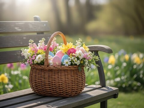 Easter basket with colorful flowers on a park bench springtime scene