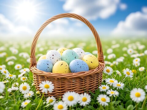 Easter basket filled with colorful eggs in a field of daisies on a sunny day