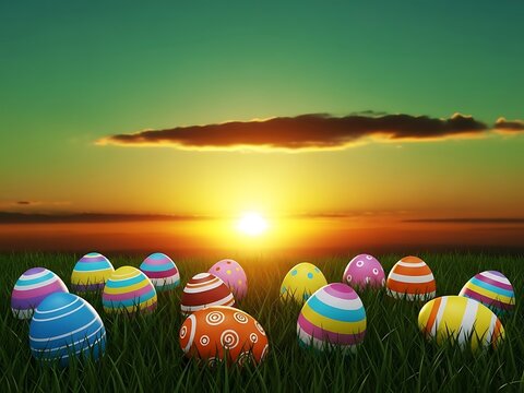 Easter basket concept with colorful eggs at sunset