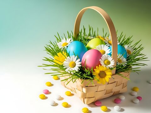 Easter basket with colorful eggs and flowers a symbol of springtime and holiday traditions