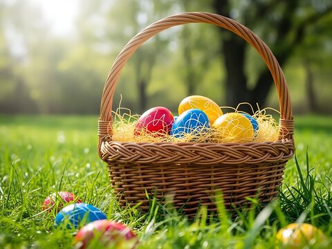 Easter basket filled with colorful eggs on green grass in park