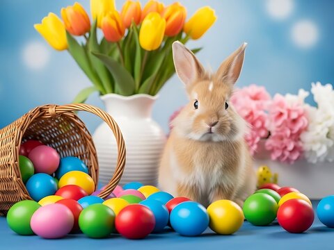 Easter basket with bunny tulips and colorful eggs