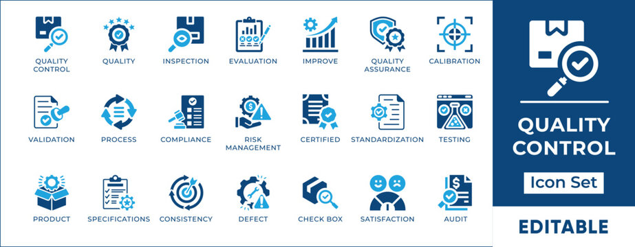 Industrial quality assurance and product testing icon set. Quality control, inspection, standardization, compliance and calibration vector symbols.