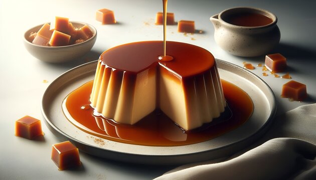 Cinematic caramel quesillo flan dessert with smooth custard texture and rich caramel sauce on white plate, elegant food photography.
