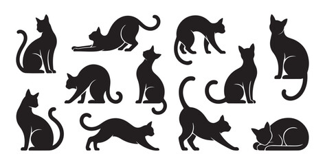 Fototapeta premium Set of silhouettes of black cats in various poses isolated on white background. cat vector illustrations