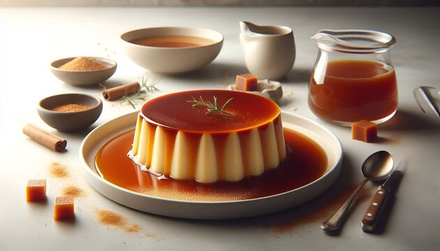 Cinematic caramel quesillo flan dessert with smooth custard texture and rich caramel sauce on white plate, elegant food photography.