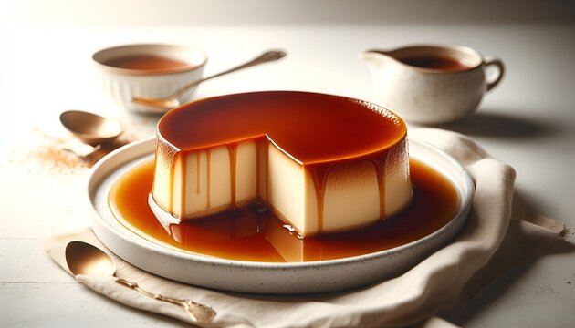 Cinematic caramel quesillo flan dessert with smooth custard texture and rich caramel sauce on white plate, elegant food photography.