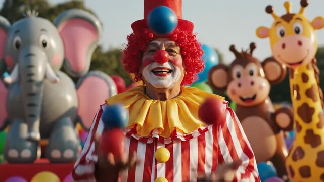 Smiling clown juggling balls surrounded by inflatable animals outdoors