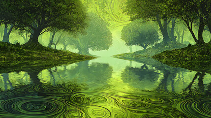 Obraz premium A vibrant green forest landscape with a reflective river displaying abstract swirling patterns