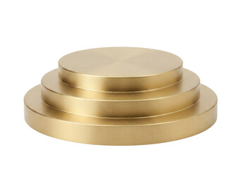 Three-tiered gold circular display podium isolated. Metallic product stand.