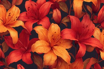 Elegant, chic, vintage seamless pattern featuring orange and redish lily flower in hand drawn style