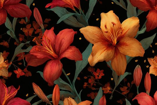 Elegant, chic, vintage seamless pattern featuring orange and redish lily flower in hand drawn style