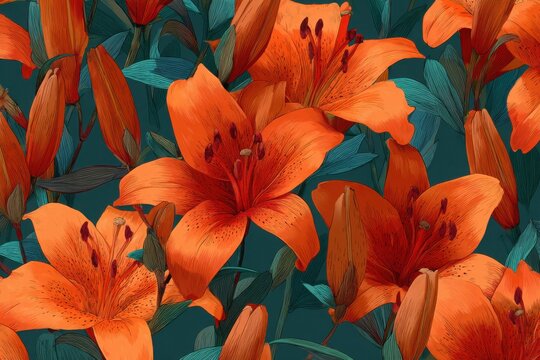Elegant, chic, vintage seamless pattern featuring orange and redish lily flower in hand drawn style