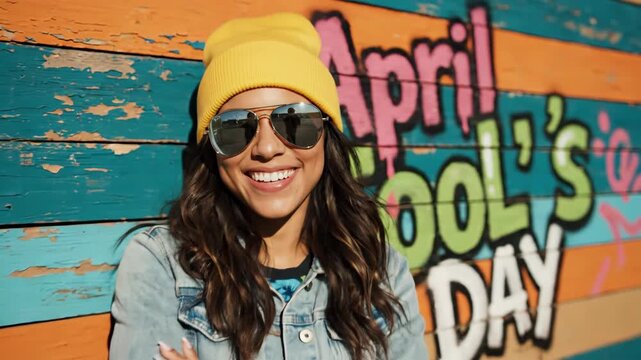 Smiling woman in beanie and sunglasses by April Fool's Day graffiti