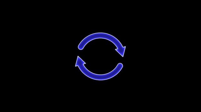 Glowing neon line refresh arrow icon on black background. Reload symbol, update, circle arrow, refresh, reload animation. 4k video.