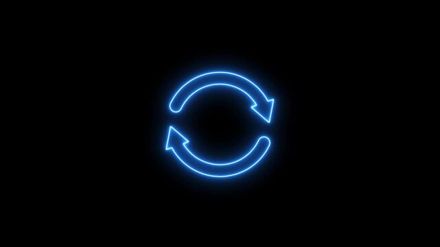 Neon line refresh arrow icon on black background. Abstract glowing neon arrow circle loading icon. Reload symbol, update, circle arrow, refresh, reload animation.