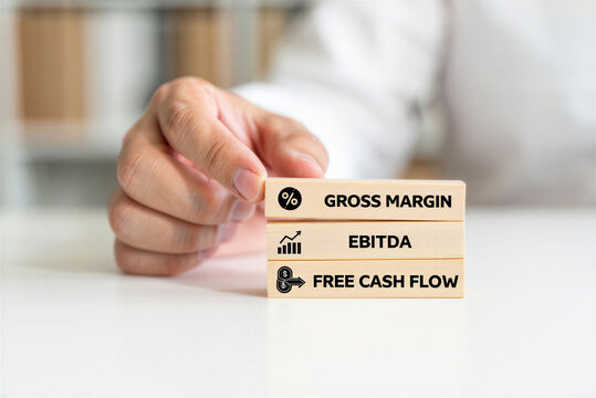Hand stacking wooden blocks representing gross margin ebitda and free cash flow in a business context