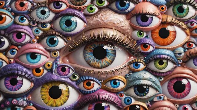 Surreal image of many colorful human eyes clustered together